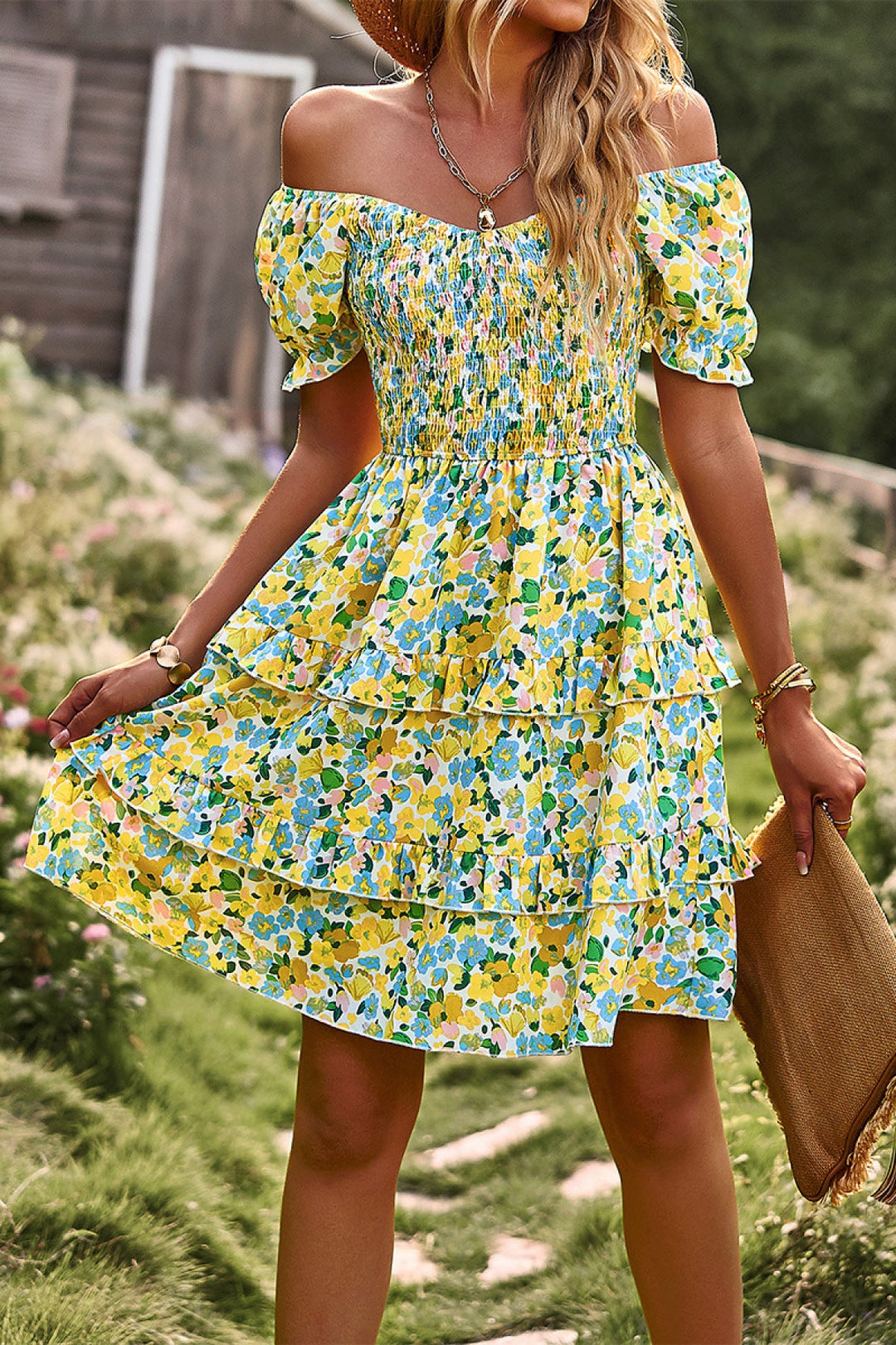 Floral Off-the-shoulder Puff Sleeve Tiered Dress