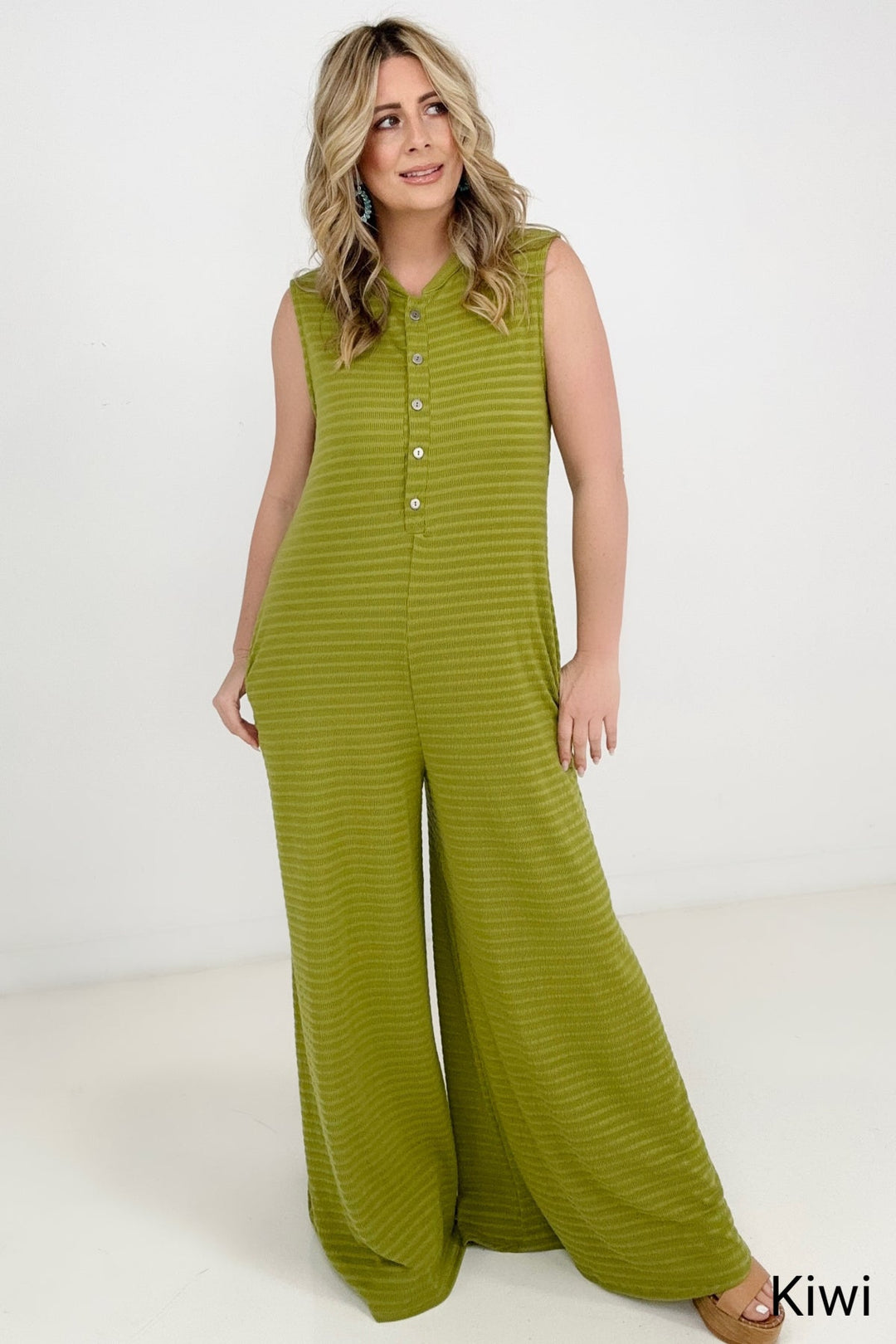 Jade By Jane Button Up Textured Wide Leg Jumpsuit