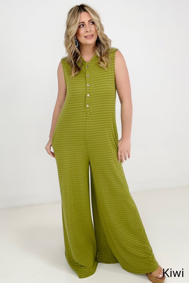 Jade By Jane Button Up Textured Wide Leg Jumpsuit