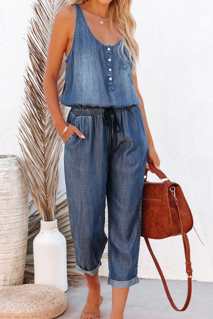 High Waist Denim Romper