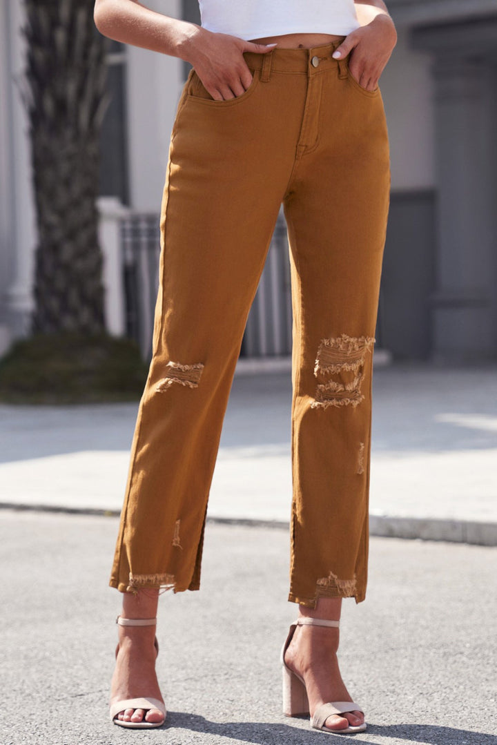 Distressed Raw Hem Straight Leg Jeans