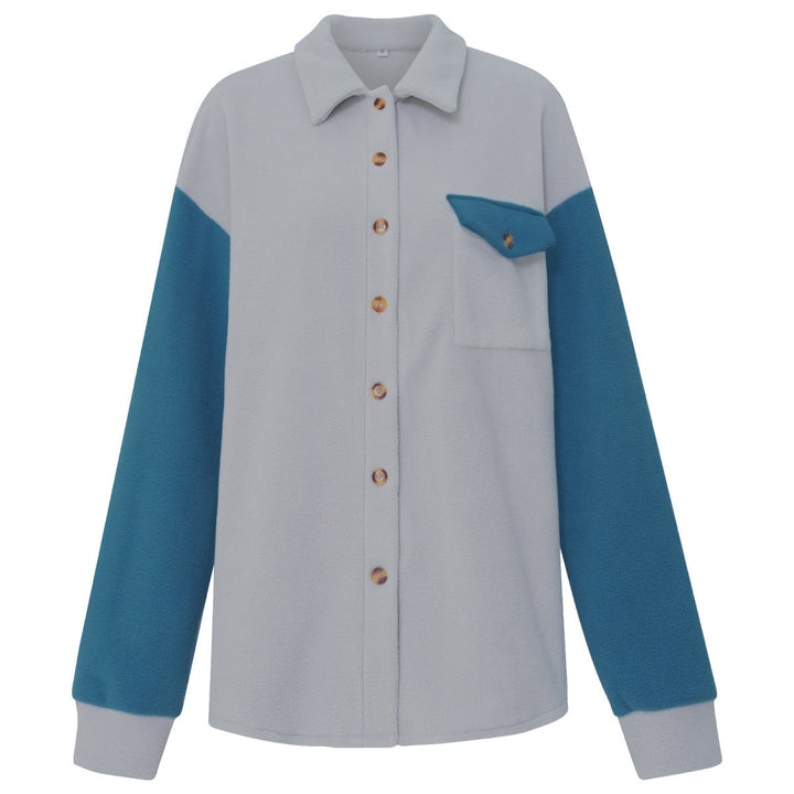 Shirt Collared Long Sleeve Single-Breasted Colorblock Jackets With Pockets