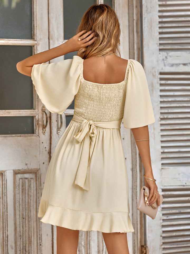 Surplice Neck Flare Sleeve Tie Waist Gathering Mini Dress
