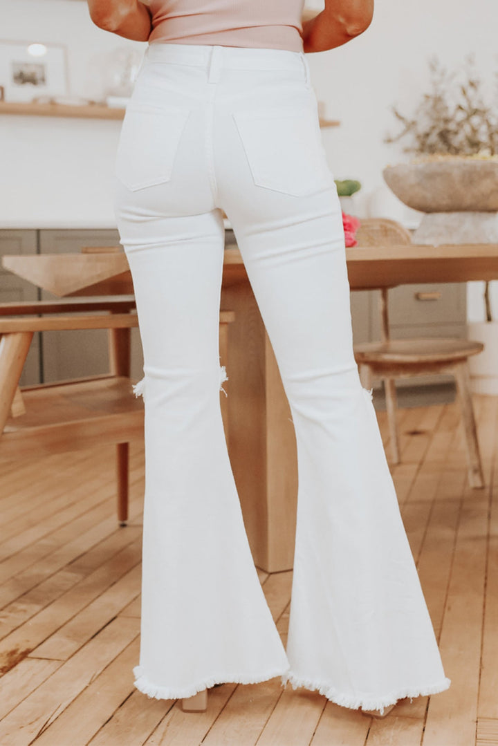 White Ripped Knee Frayed Flare Jeans