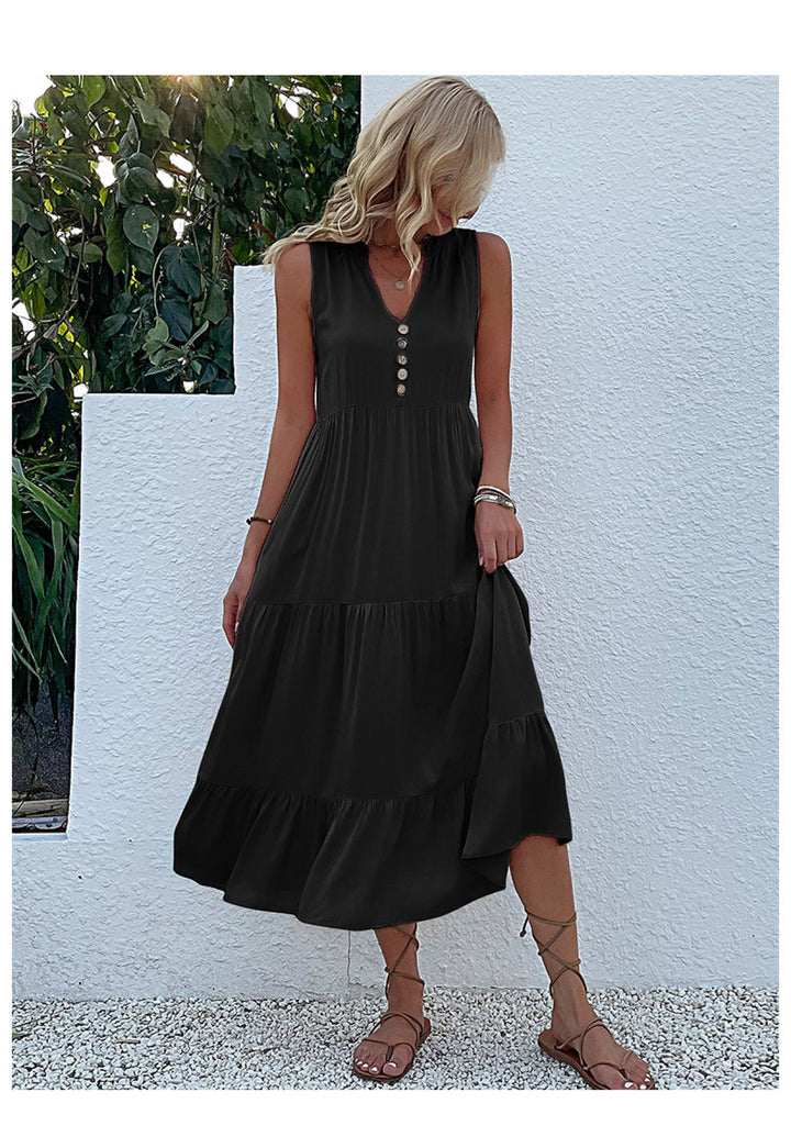 Solid Notched Buttoned Tiered Maxi Dress