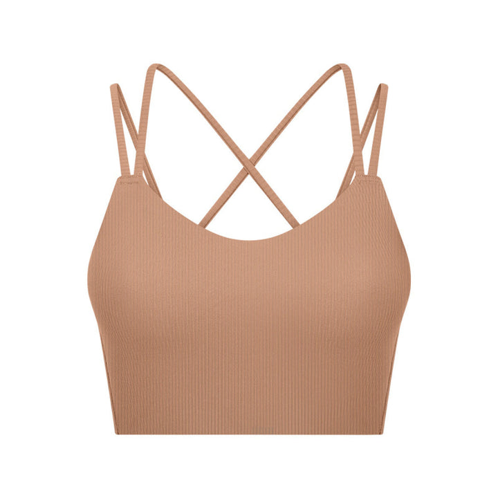 Solid Ribbed Double Shoulder Straps Crisscross Sports Bras