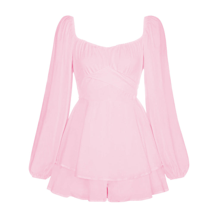 Balloon Sleeve Back Tie Tiered Romper