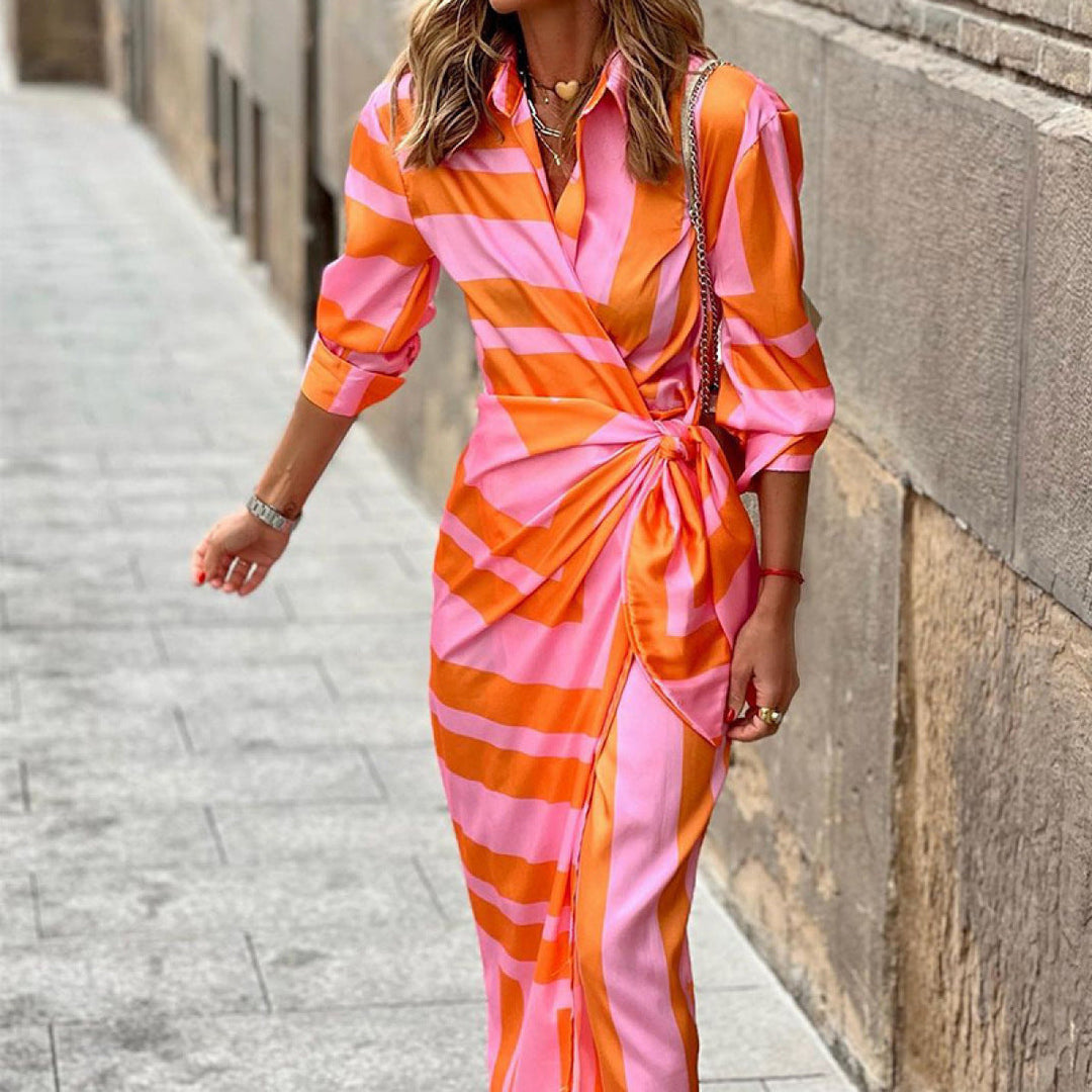 Striped Long Sleeve Surplice Tie Waist Dress