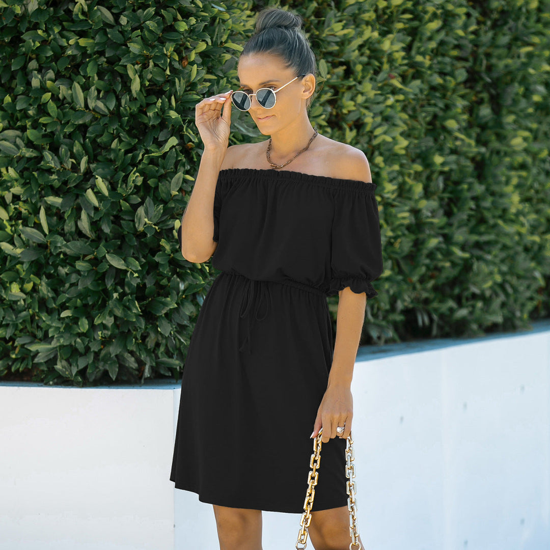 Solid Off-the-Shoulder Elastic Waist Mini Dress