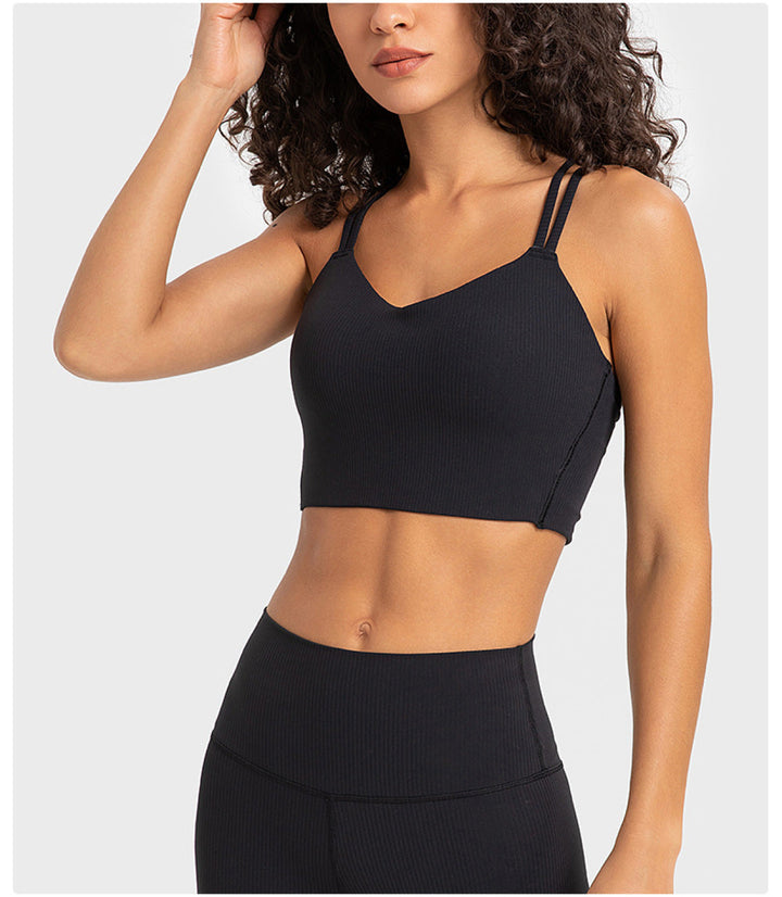 Solid Ribbed Double Shoulder Straps Crisscross Sports Bras