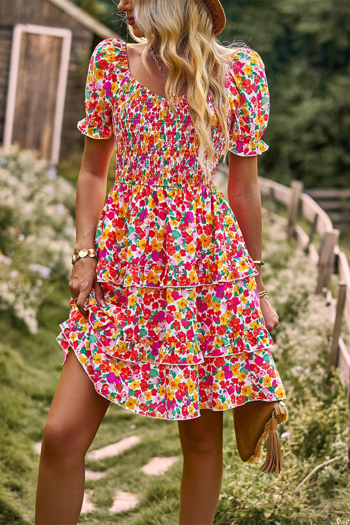 Floral Off-the-shoulder Puff Sleeve Tiered Dress