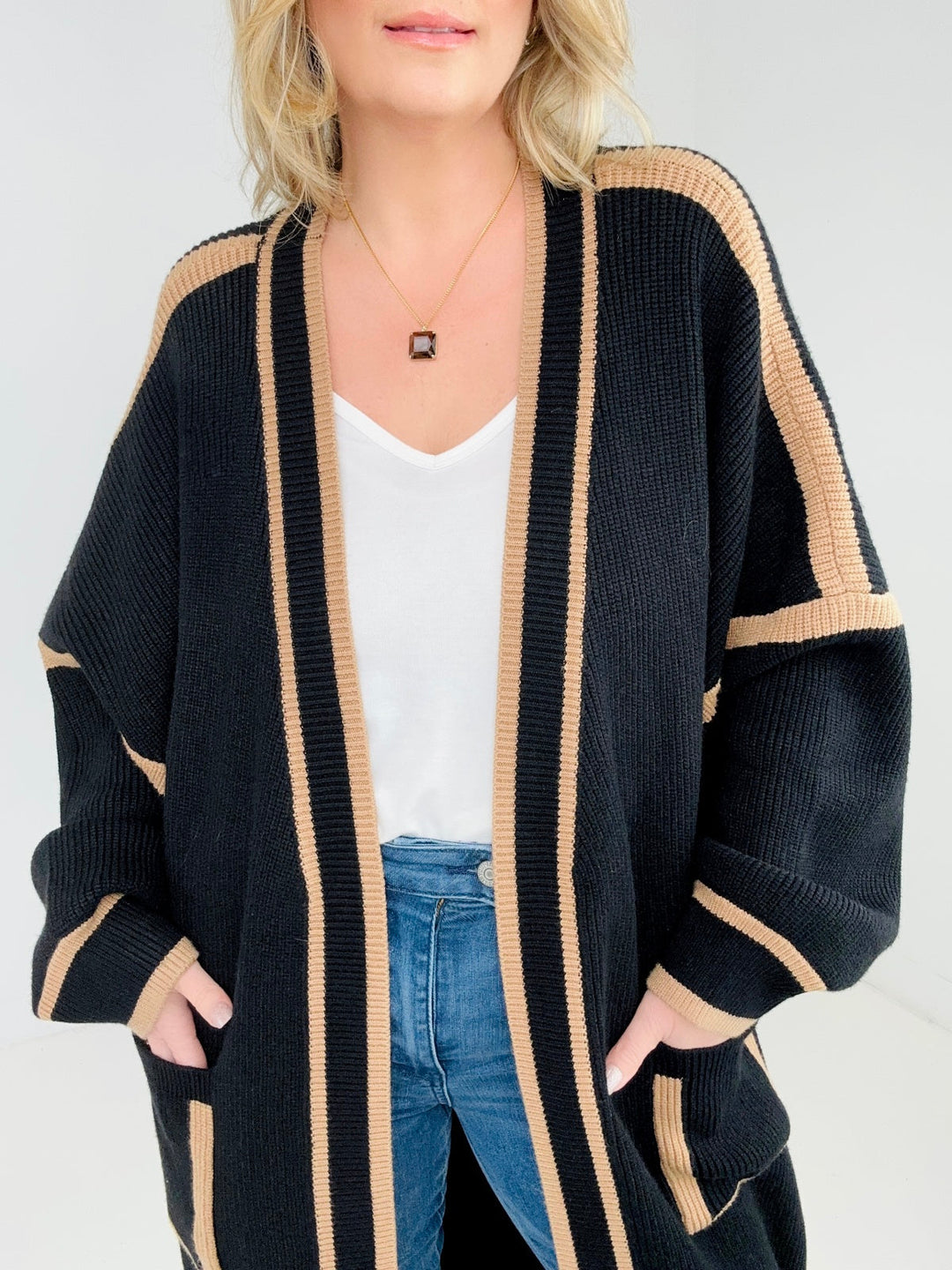 "Alexa" Cardigan - Knit Color Block With Pockets