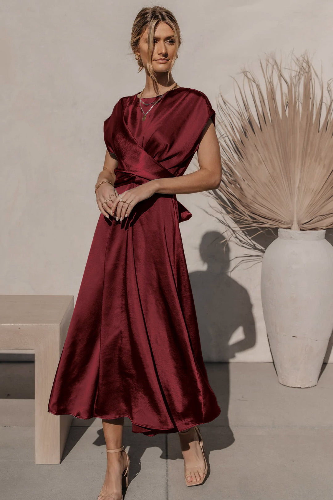 Solid Round Neck Tie Back Midi Dress