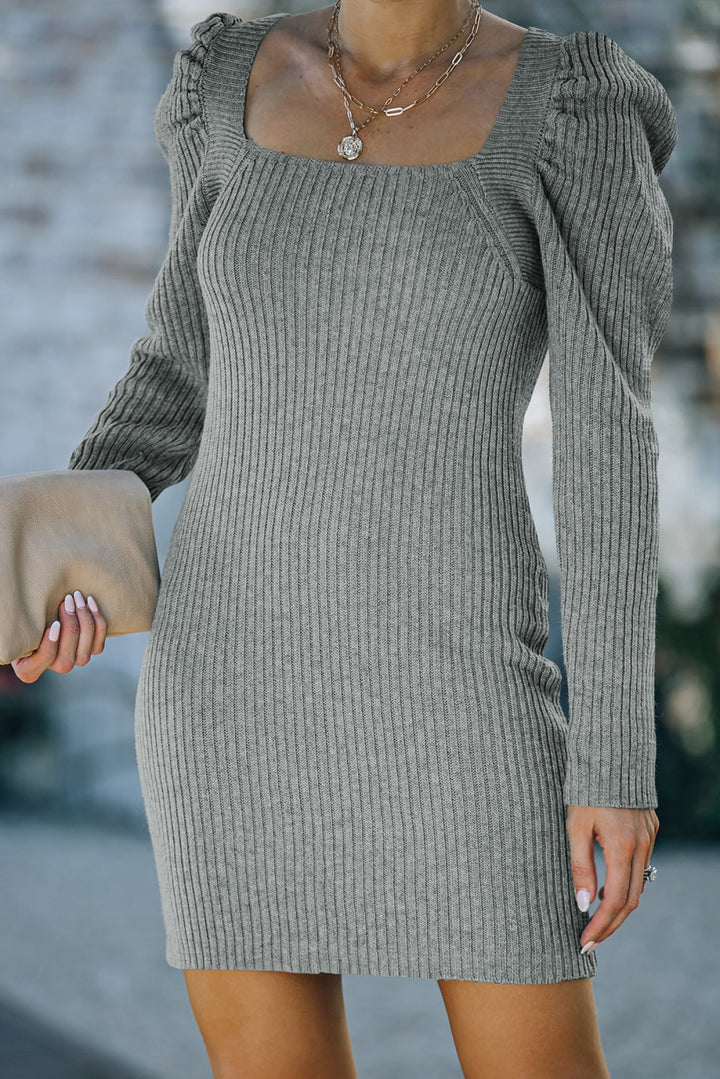 Square Neck Puffy Sleeve Sweater Dress