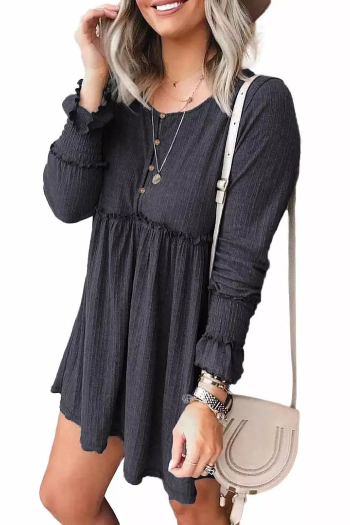 Gray Textured Button Long Sleeve Babydoll Dress
