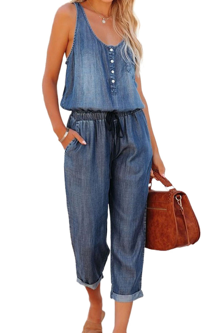 High Waist Denim Romper