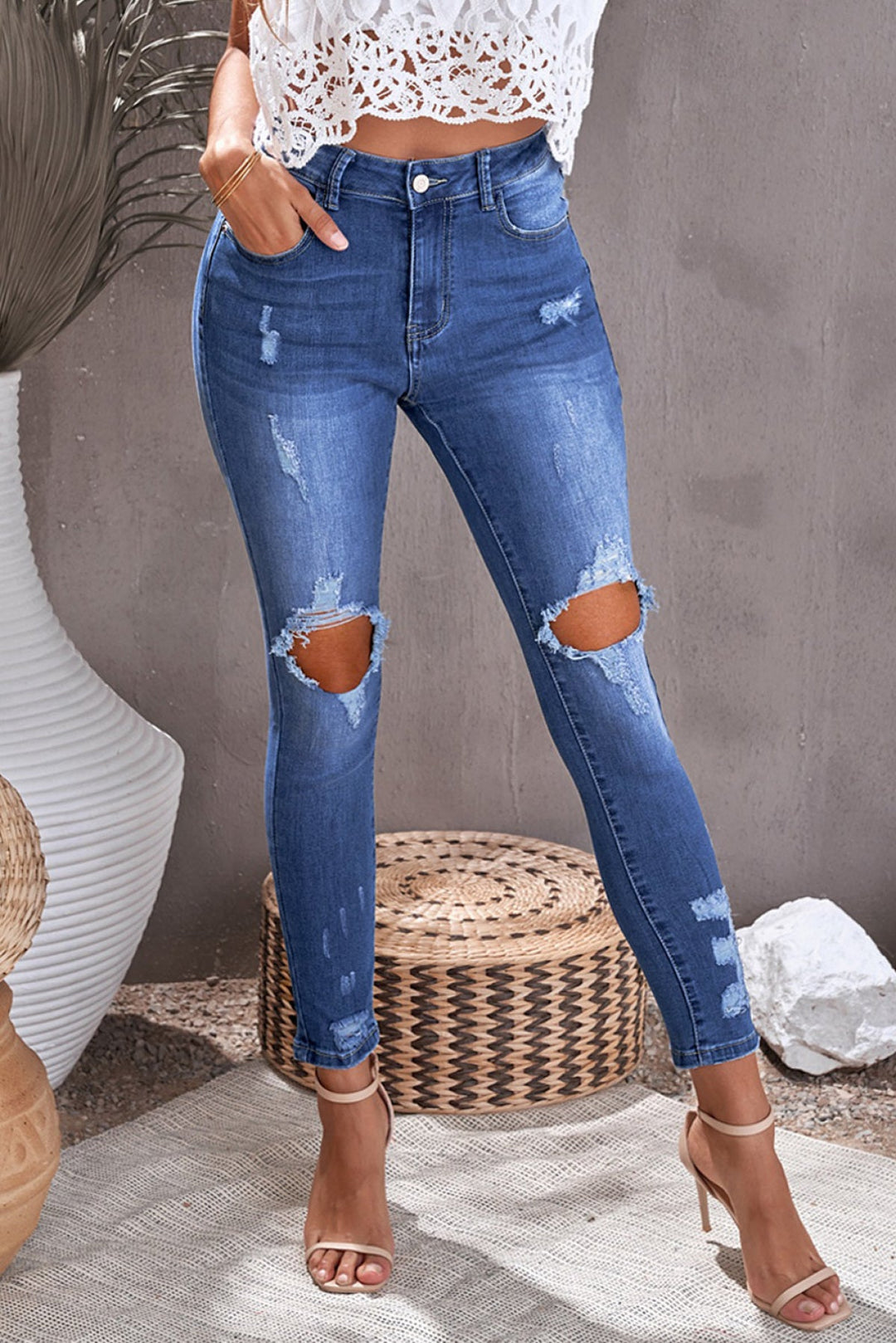 Blue Ripped High Waist Skinny Jeans