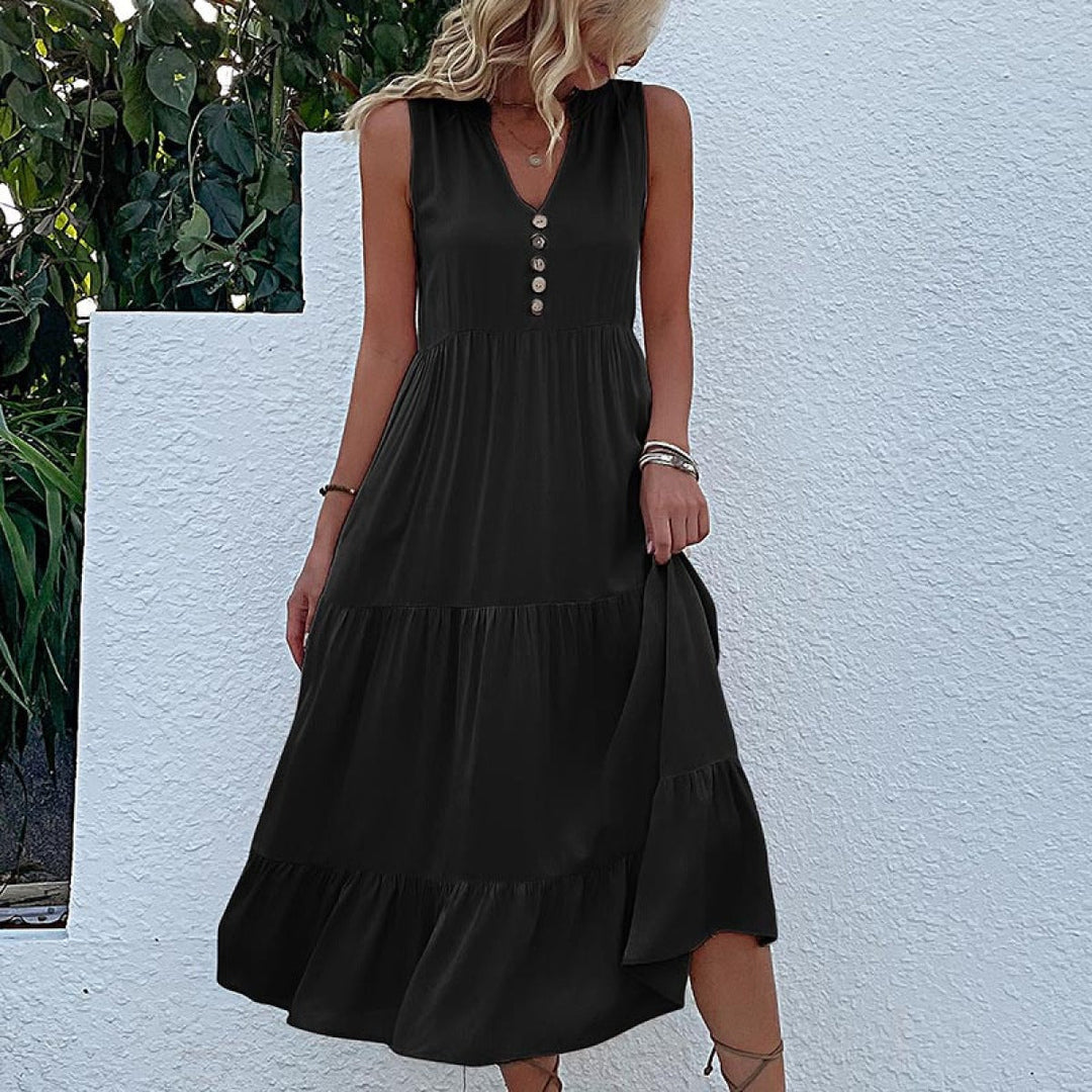 Solid Notched Buttoned Tiered Maxi Dress