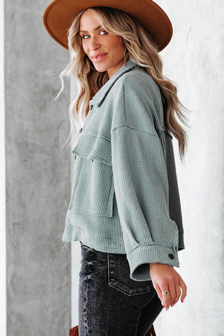 Waffle Knit Buttons Cropped Jacket With Pockets
