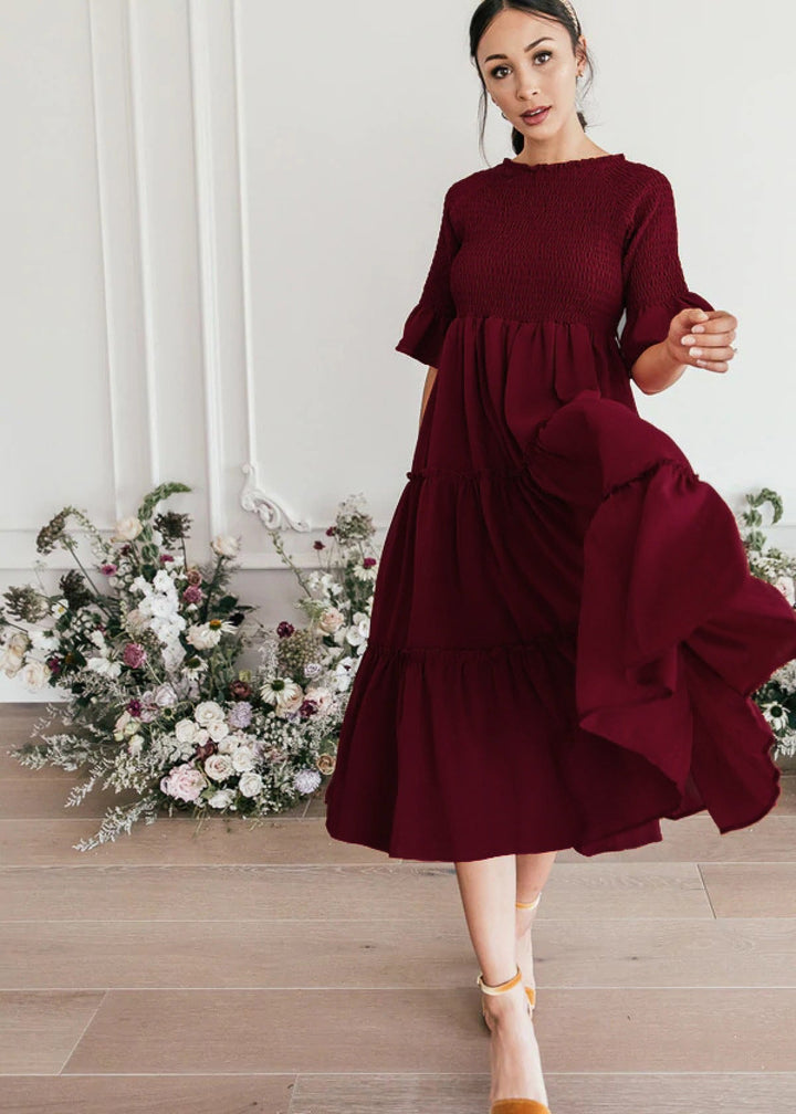 Round Neck Solid Color Smocked A-line Tiered-layered Dress
