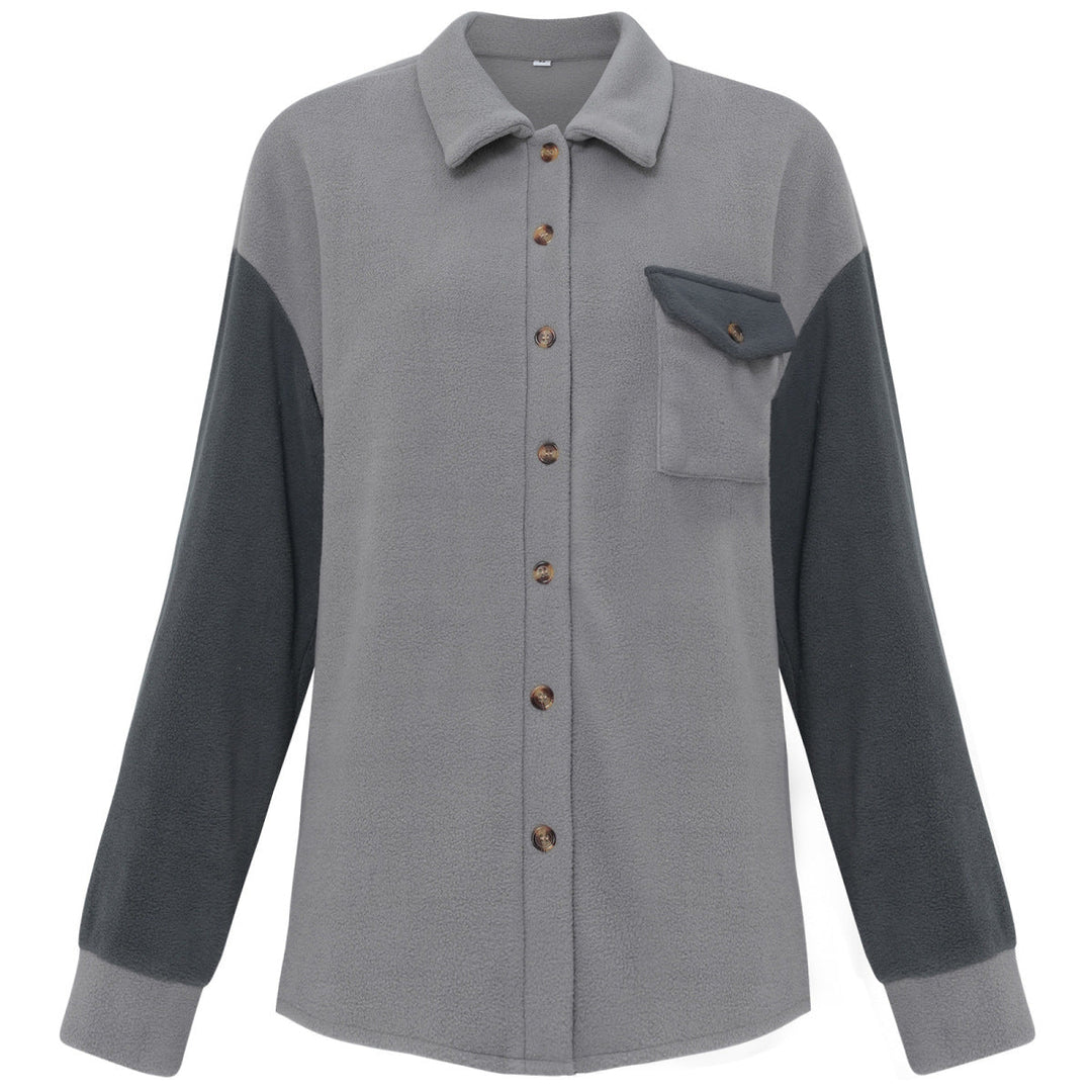 Shirt Collared Long Sleeve Single-Breasted Colorblock Jackets With Pockets