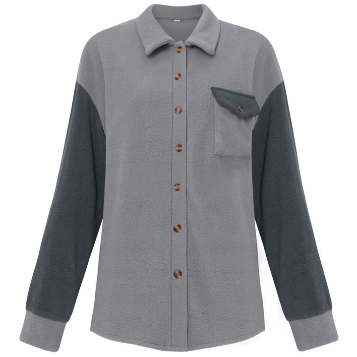 Shirt Collared Long Sleeve Single-Breasted Colorblock Jackets With Pockets