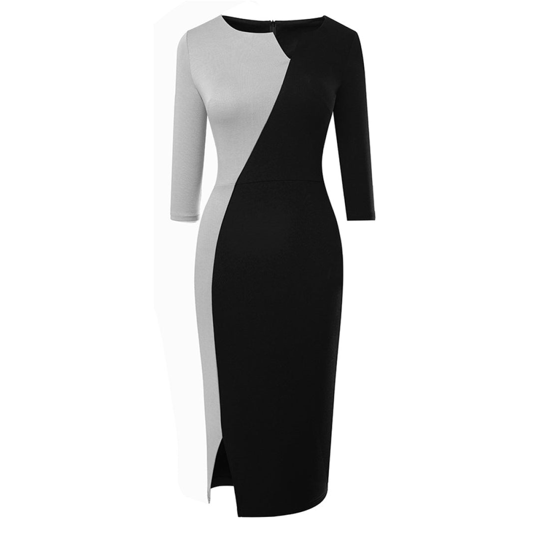 Notched Neck Three-Quarter Sleeve Tie Waist Colorblock Slit Midi Dress