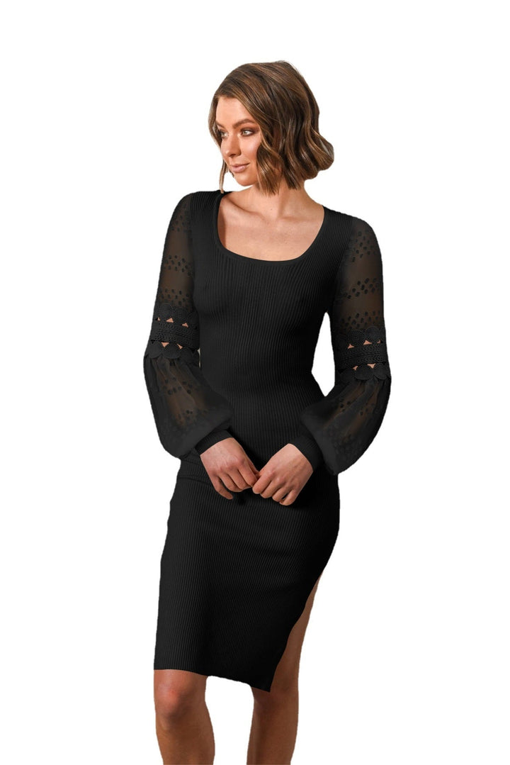 Cutout Ballon Sleeve Slit Mini Dress