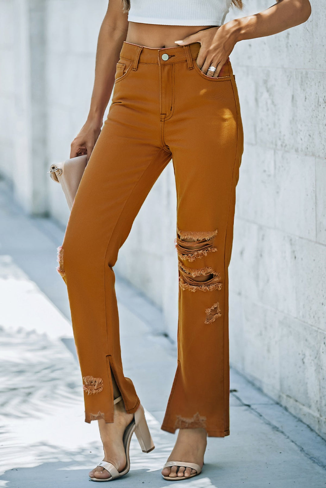 Distressed Raw Hem Straight Leg Jeans