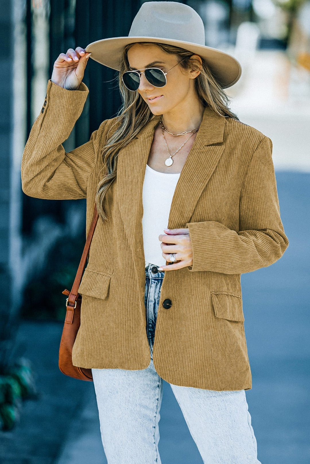 Brown Corduroy Lapel Casual Blazer