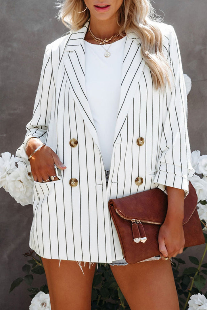 White Double-Breasted Striped Blazer with Pocket