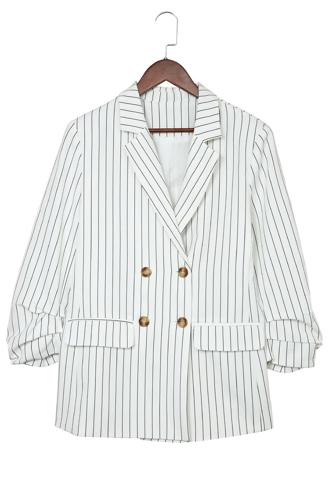 White Double-Breasted Striped Blazer with Pocket