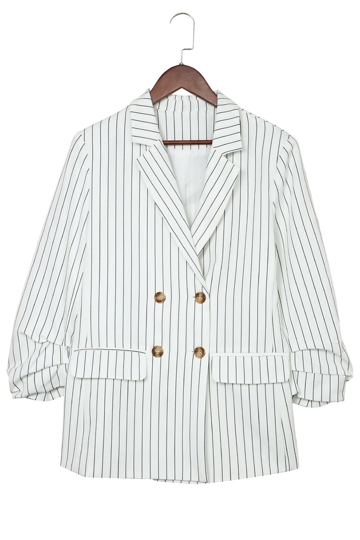 White Double-Breasted Striped Blazer with Pocket