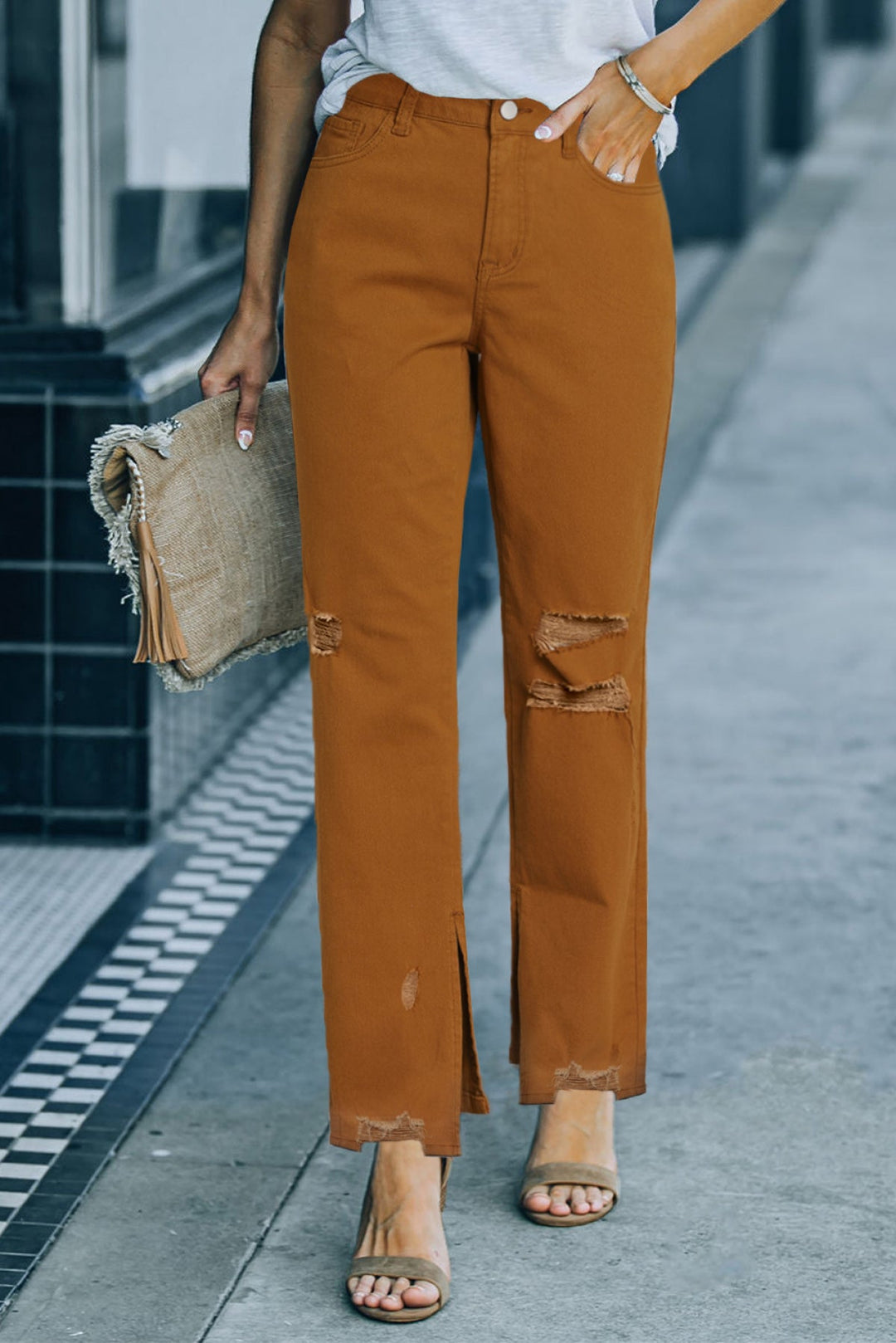 Distressed Raw Hem Straight Leg Jeans