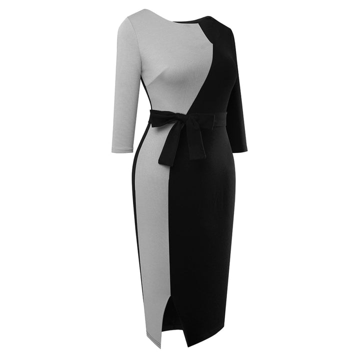 Notched Neck Three-Quarter Sleeve Tie Waist Colorblock Slit Midi Dress