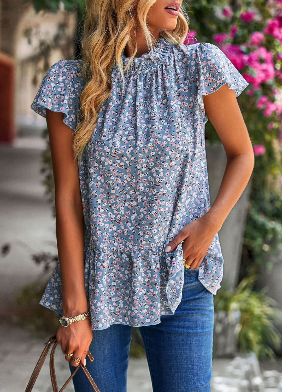 Ditsy Floral Ruffle Sleeve Gathering Blouse