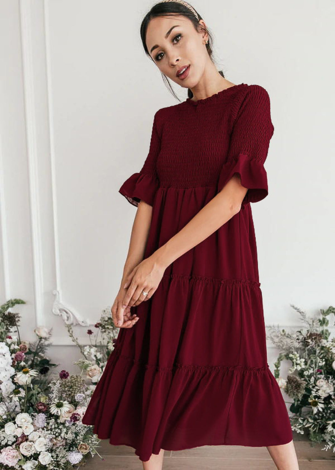 Round Neck Solid Color Smocked A-line Tiered-layered Dress
