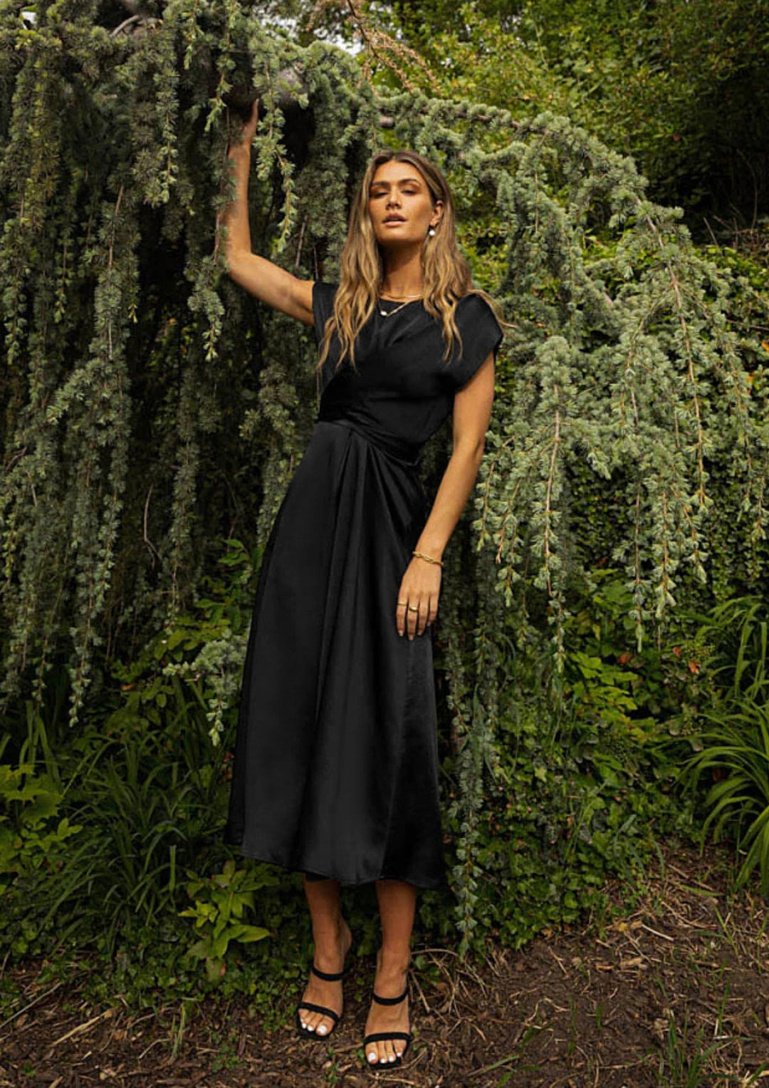 Solid Round Neck Tie Back Midi Dress