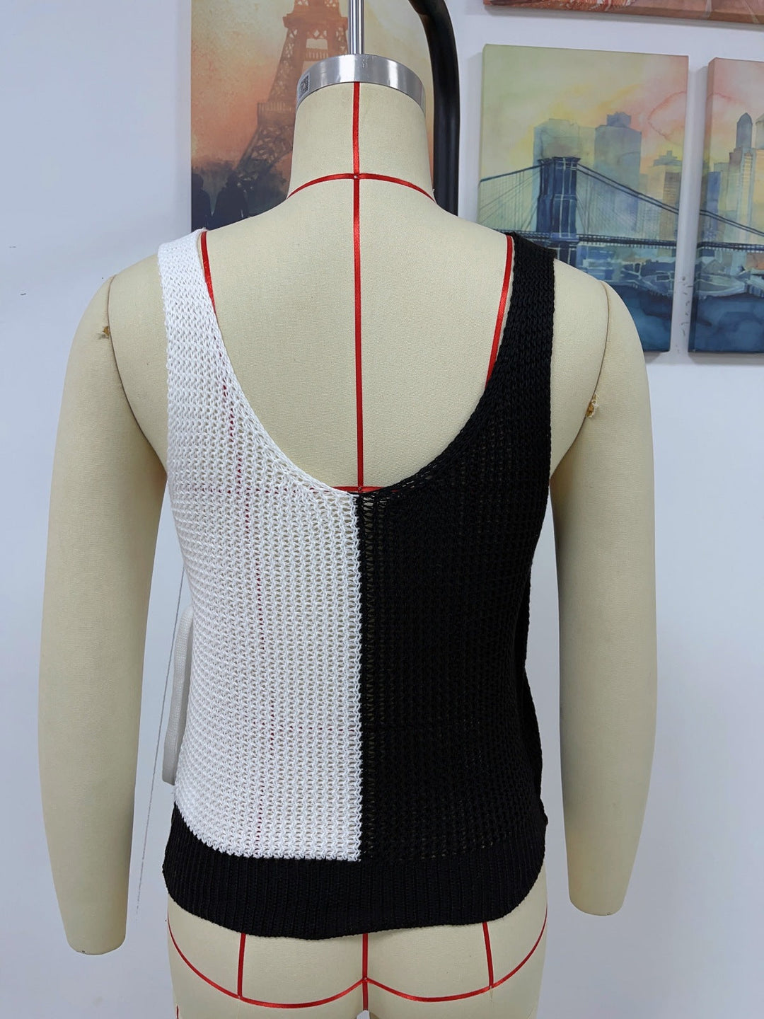 V-Neck Patchwork Knot Fold Sleeveless Top