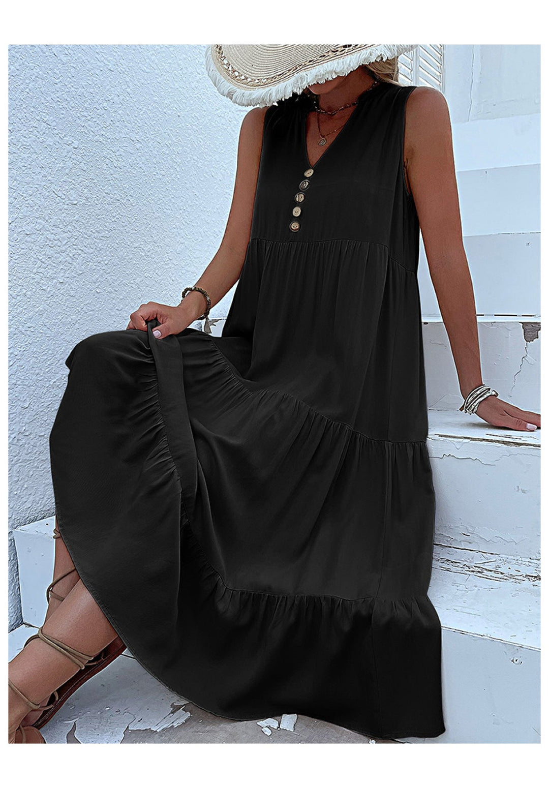 Solid Notched Buttoned Tiered Maxi Dress
