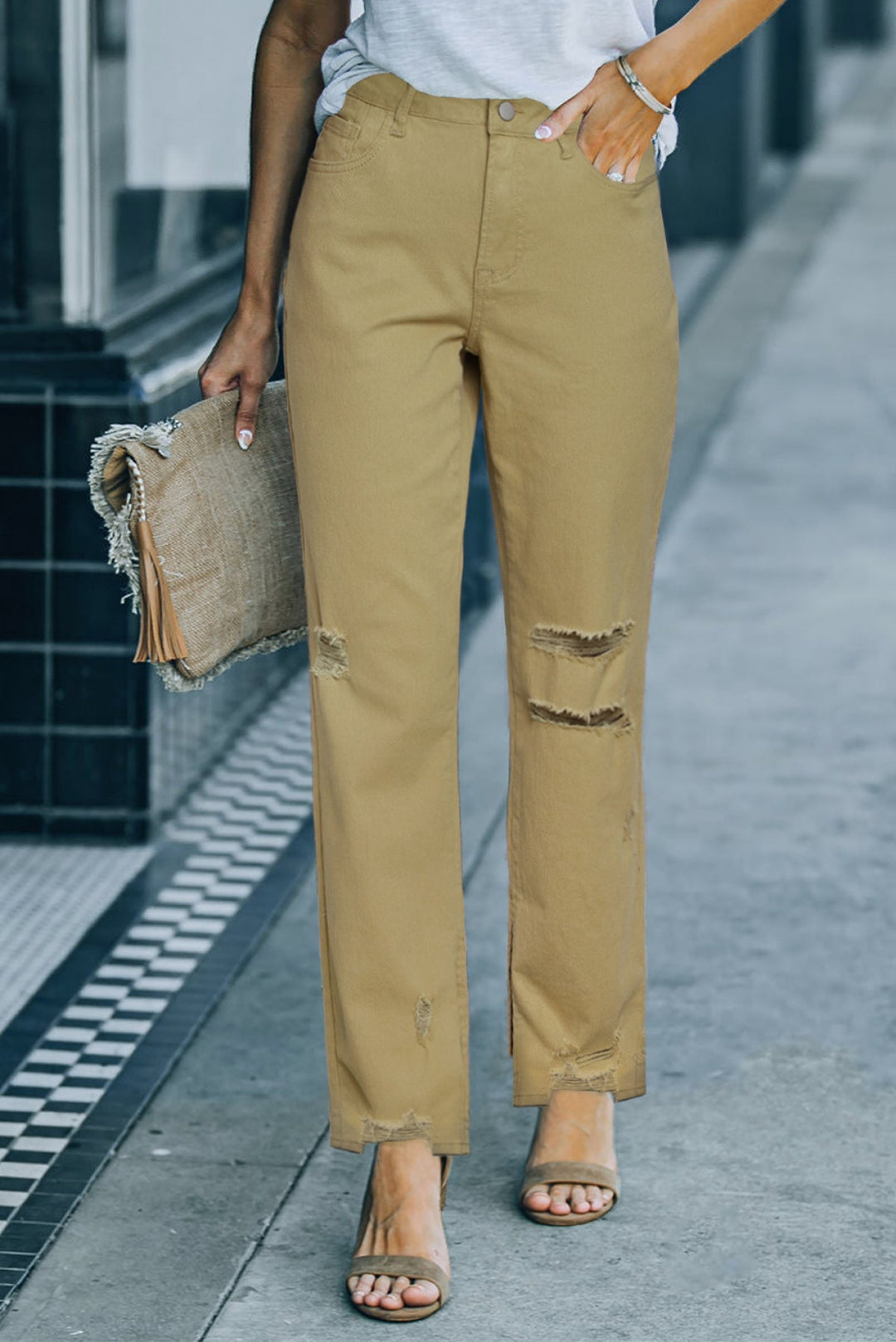 Distressed Raw Hem Straight Leg Jeans