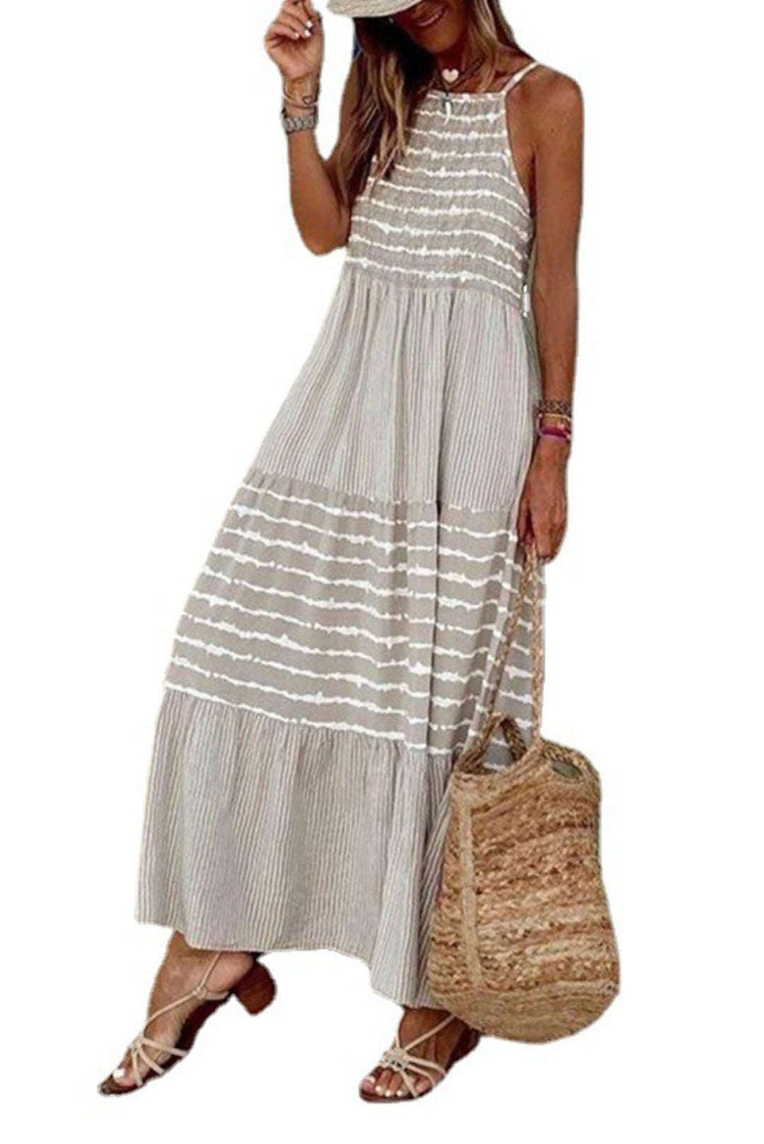 Gray Stripe Patchwork Halter Neck Maxi Dress