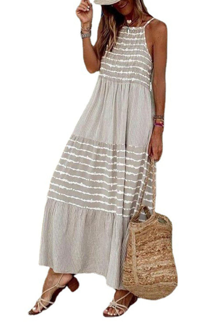 Gray Stripe Patchwork Halter Neck Maxi Dress