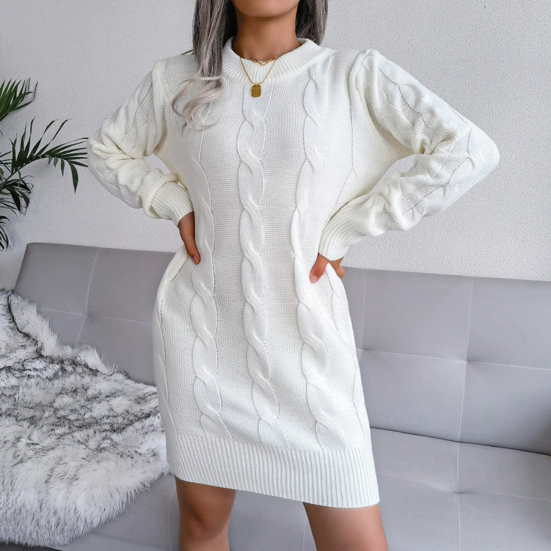 Round Neck Pullover Cable Knitted Mini Dress