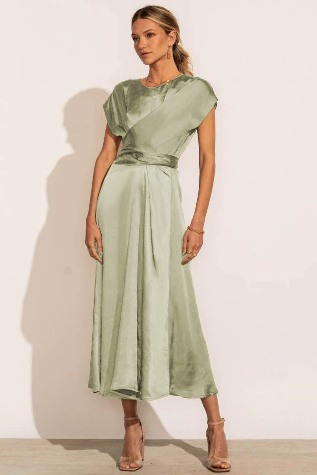 Solid Round Neck Tie Back Midi Dress