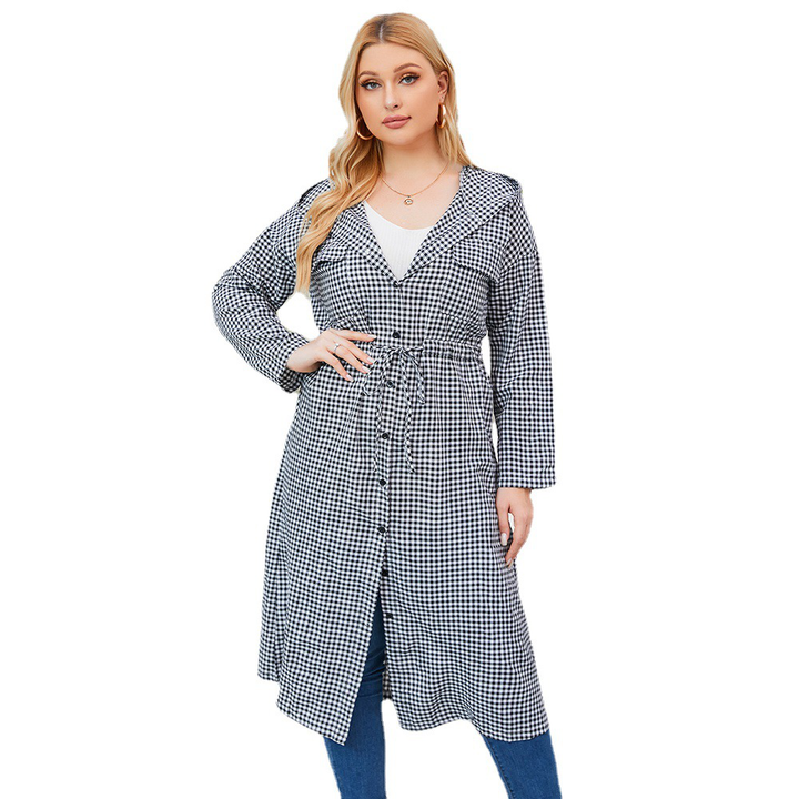 Plus Size Plaid Belted Hooded Shirt Dress