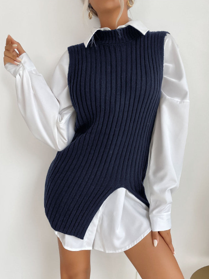 Solid Sleeveless Mockneck Side-Slit Knit Vest Dress without Belt