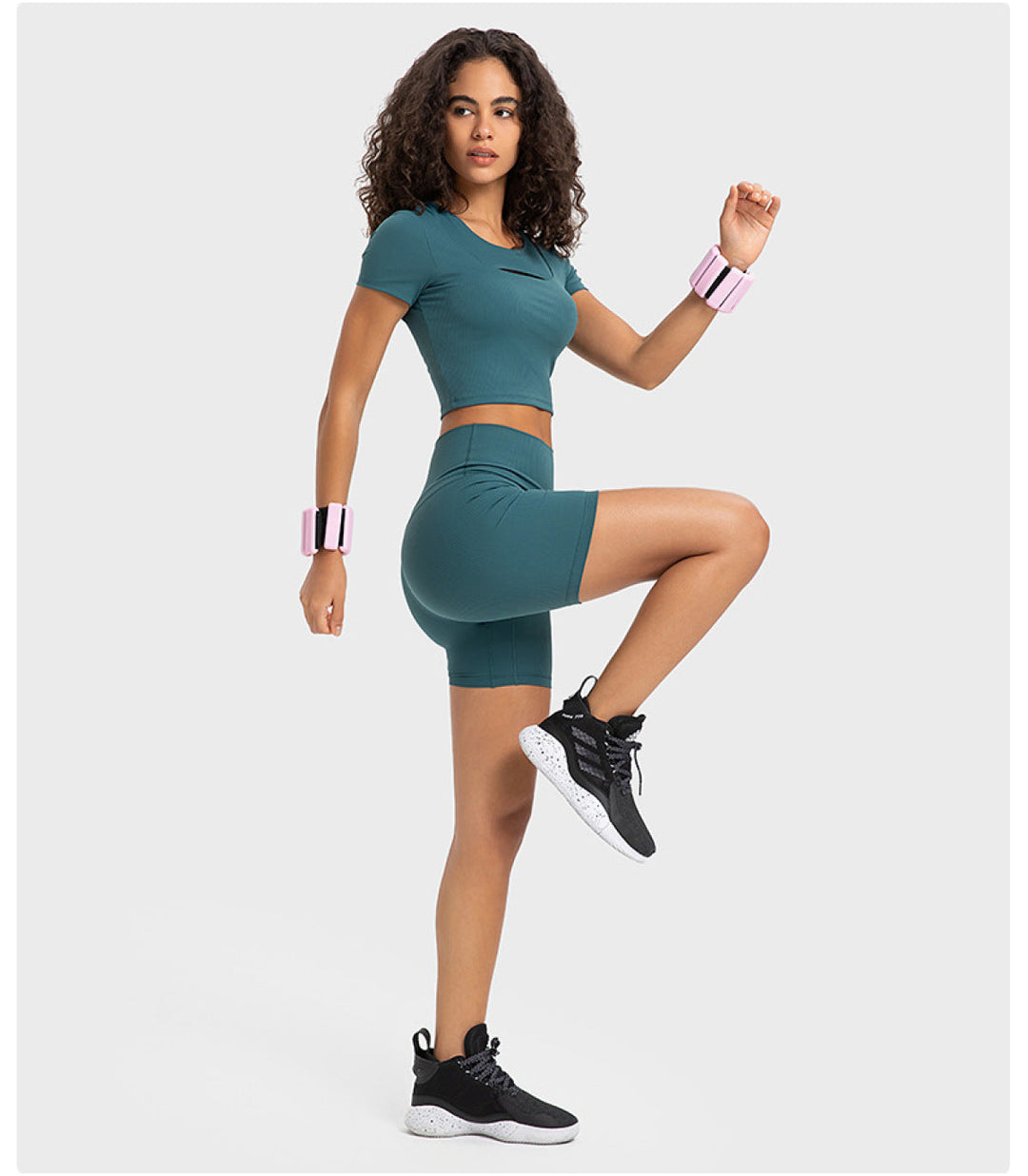 Solid Ribbed Round Neck Cut Out Crop Active Top