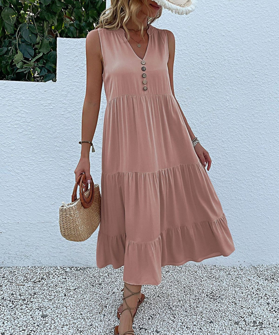 Solid Notched Buttoned Tiered Maxi Dress