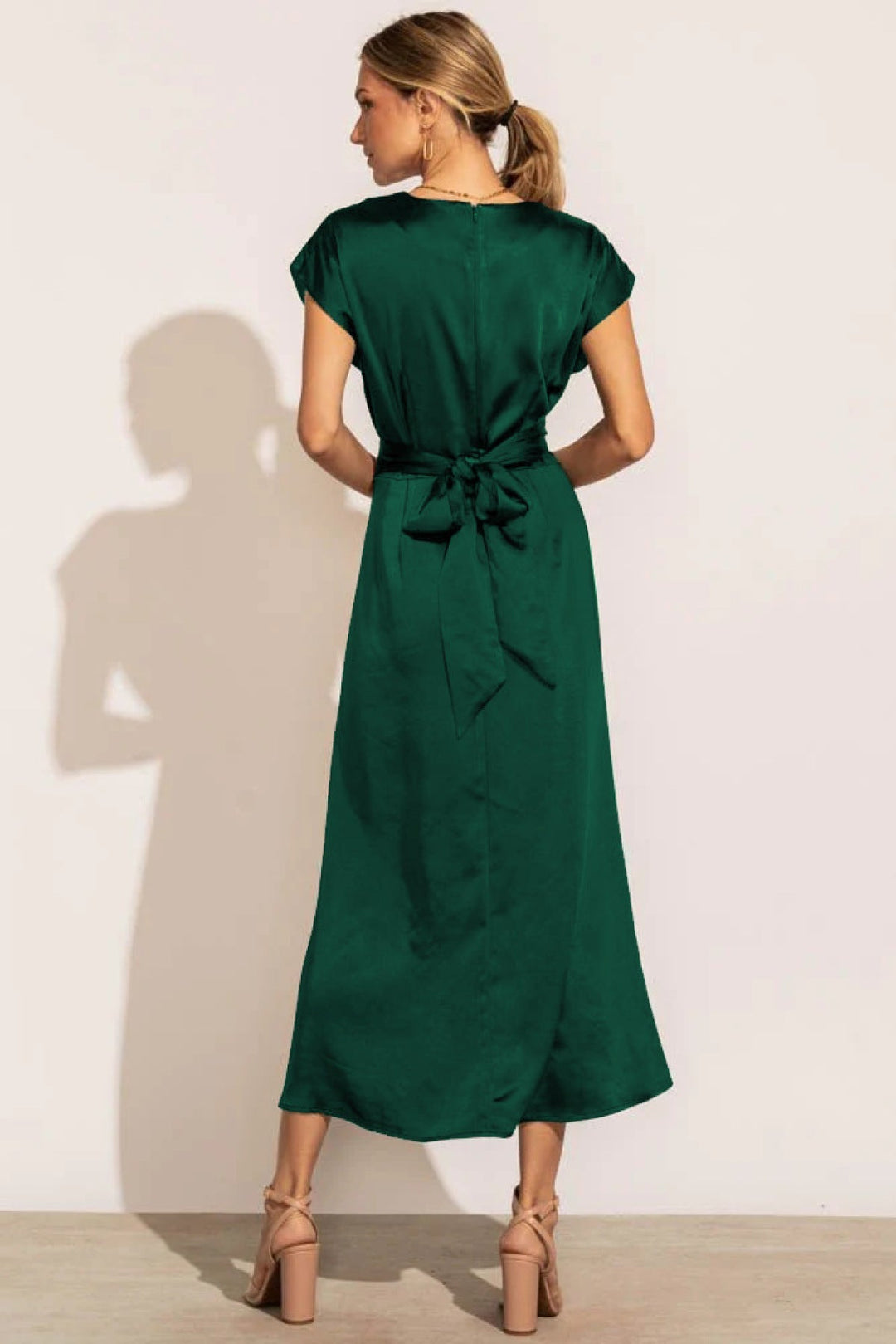 Solid Round Neck Tie Back Midi Dress